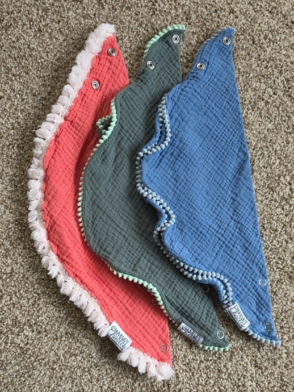 Bandana Style Bib - Blue, Green, Coral - Charley Charles - Cotton Muslin
